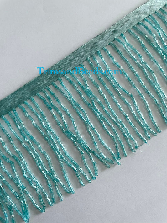 3/3.5" TURQUOISE Glass BUGLE Bead Beaded Fringe Lamp Costume Trim