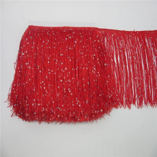 By the Yard-8" RED with SILVER laser Sequins CHAINETTE Fabric Fringe Lampshade Lamp Costume Trim