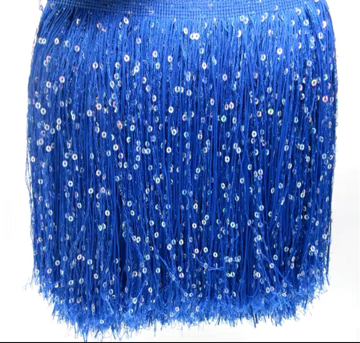 By the Yard-8" ROYAL Blue with SILVER laser Sequins CHAINETTE Fabric Fringe Lampshade Lamp Costume Trim