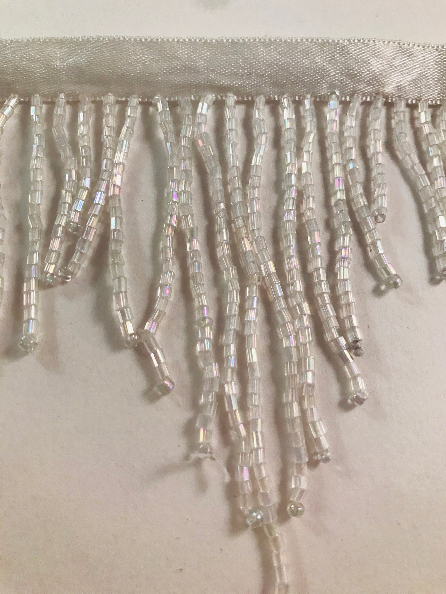 3" Iridescent WHITE AB Glass CHEVRON Bugle Bead Beaded Fringe Lamp Costume Trim Variegated