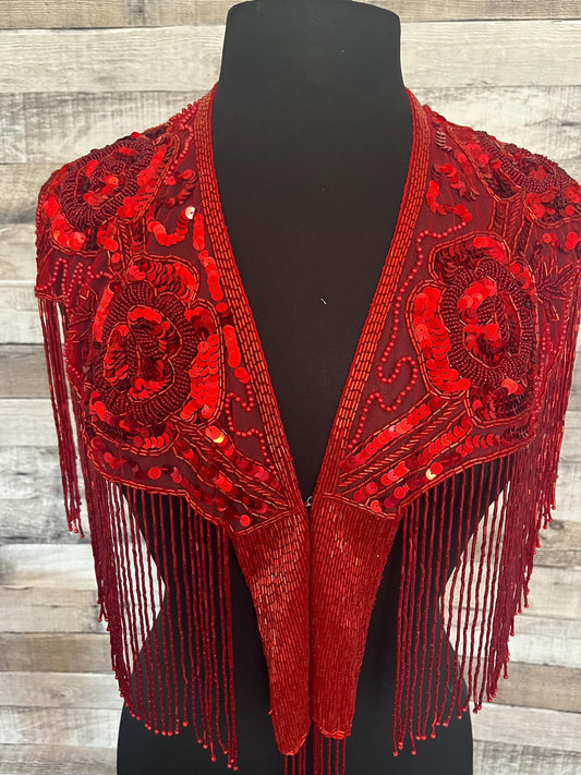 RED Sequin Glass Rose Beaded & Sequin Lace Collar Shoulder Shrug Shawl Applique Wrap Western Rodeo