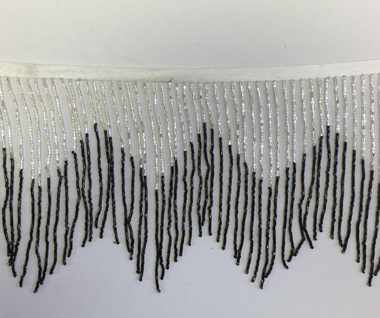 6/6.5" SIlver/Black CHEVRON Glass BUGLE Bead Beaded Fringe Lamp Costume Trim Variegated