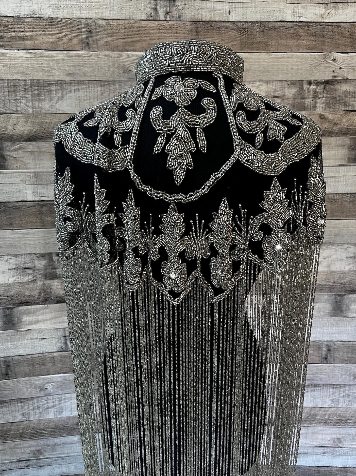 Glamorous Black and Silver Glass Beaded Collar with 24”  Bugle Bead Fringe Shoulder Shrug Shawl Applique Formal Wrap Western Rodeo