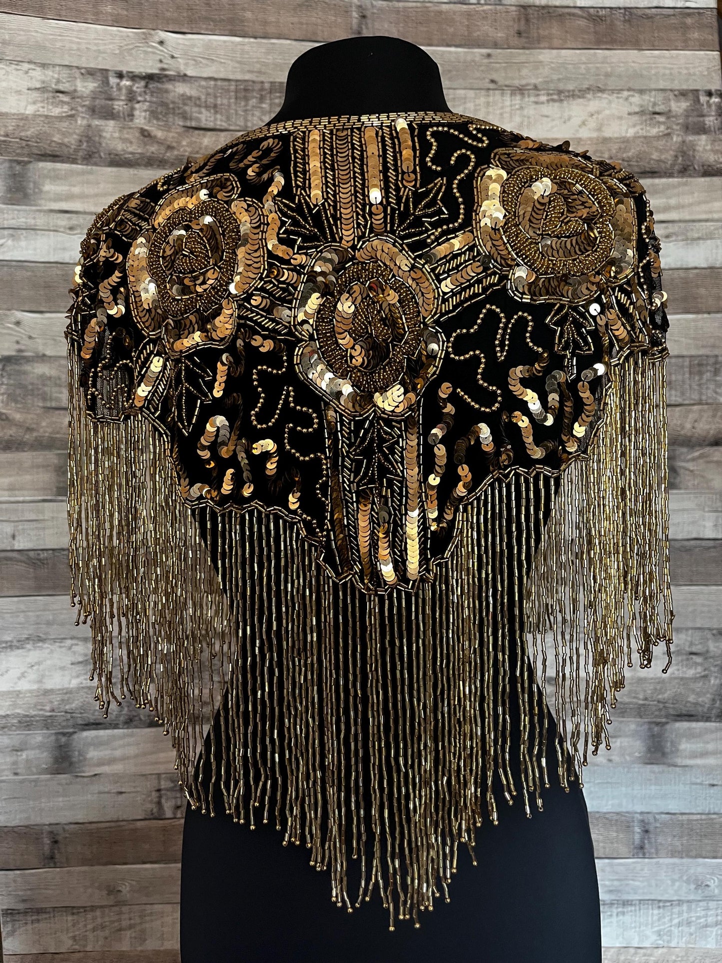 GOLD/BLACK Sequin Glass Rose Beaded & Sequin Lace Collar Shoulder Shrug Shawl Applique Wrap Rodeo Western