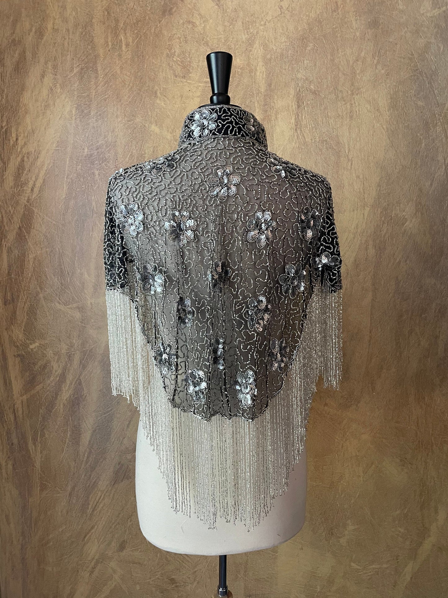 Silver on Black Mesh Sequin Glass Flower Beaded & Sequin Lace Collar Shoulder Shrug Shawl Applique Wrap Western Rodeo