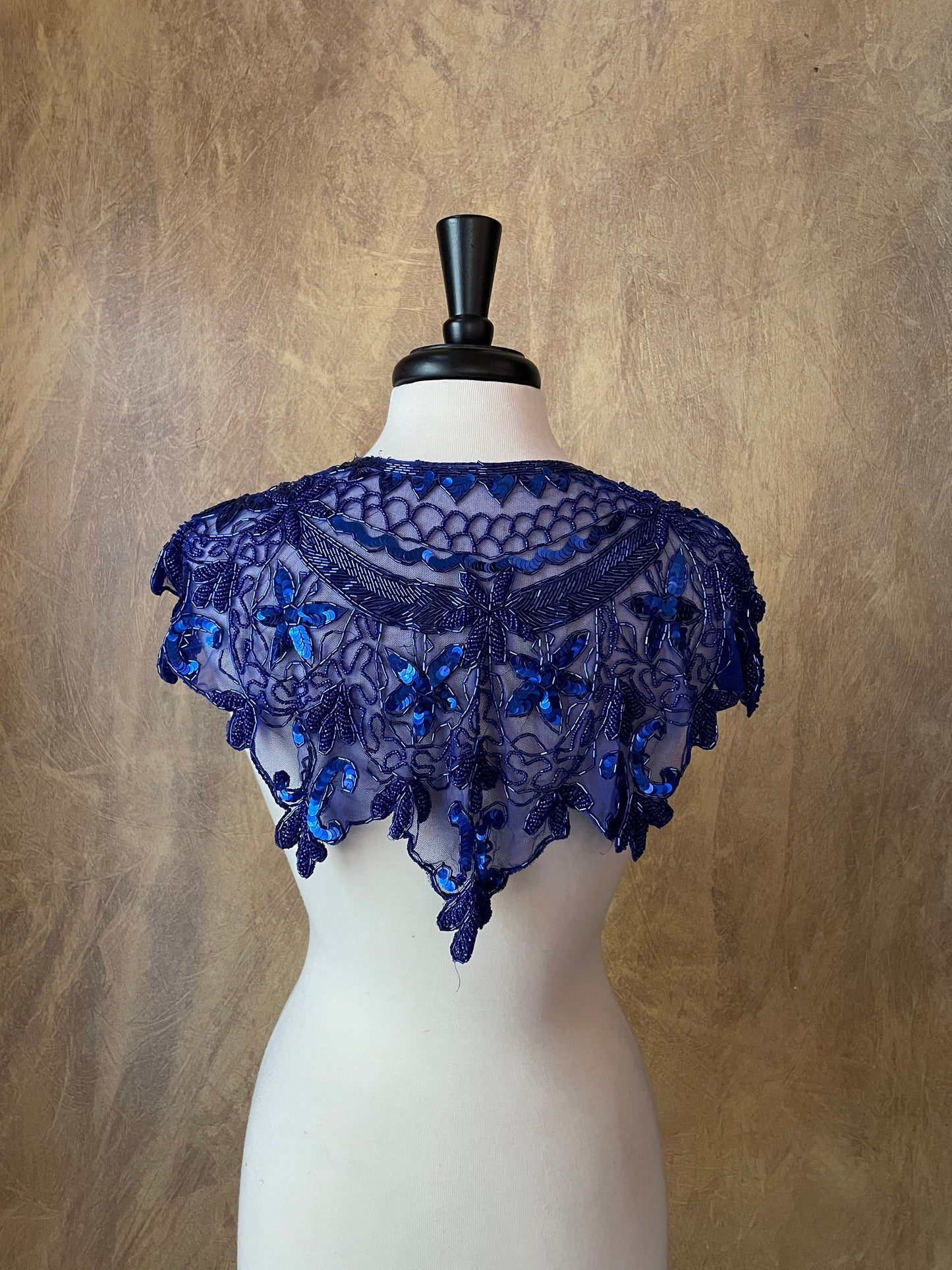 Royal Blue Sequin Glass Beaded & Sequin Wrap Lace Collar Shoulder Shrug Shawl Applique Vintage