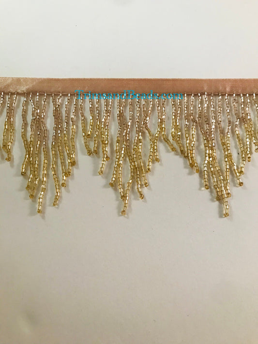 3" ROSE Gold/GOLD Ombre Glass CHEVRON Bugle Bead Beaded Fringe Lamp Costume Trim Variegated