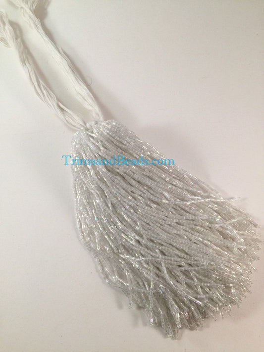 100 Pieces IRIDESCENT White AB Droppers Individual 6 Inch Glass BUGLE Bead Fringe Strands for Hand Sewing