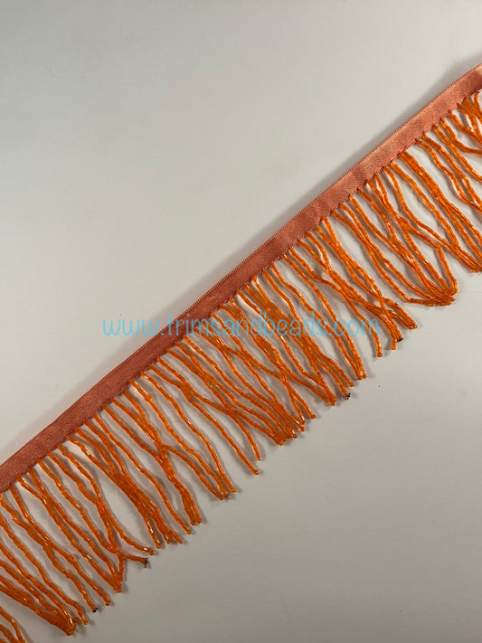 3” ORANGE Glass BUGLE Bead Beaded Fringe Lamp Costume Trim By the Yard