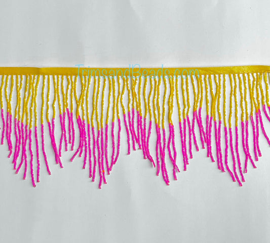 6" Yellow/Fuchsia Pink AB Ombre Chevron Glass BUGLE Bead Beaded Fringe Lamp Costume Trim Variegated