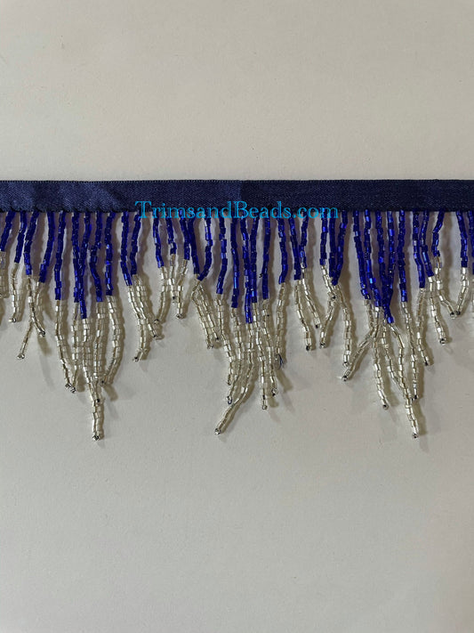 3" Dark Royal Blue/Silver Glass CHEVRON Bugle Bead Beaded Fringe Lamp Costume Trim Variegated