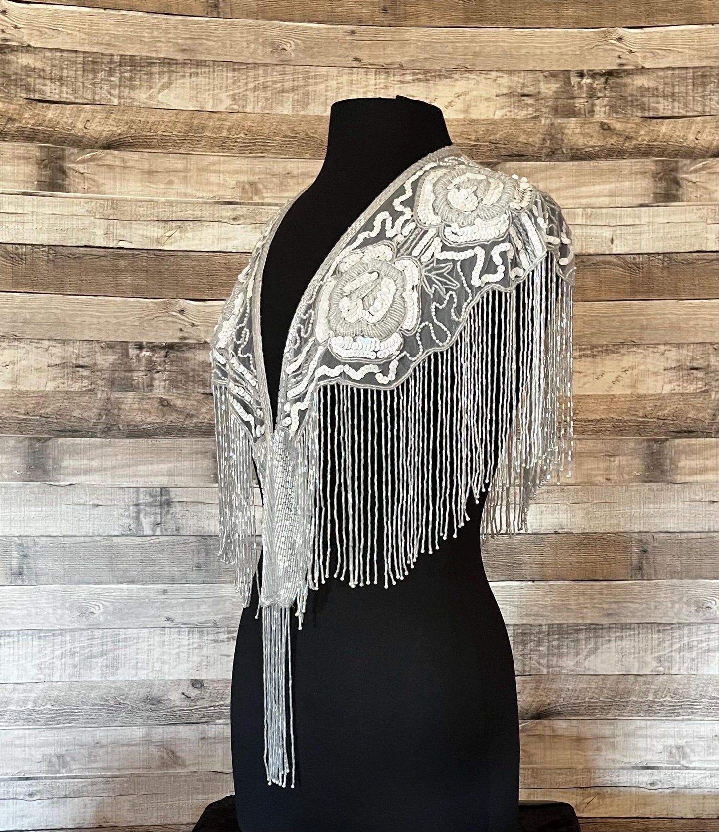 Iridescent WHITE AB Sequin Glass Rose Beaded & Sequin Lace Collar Shoulder Shrug Shawl Applique Wrap Bridal