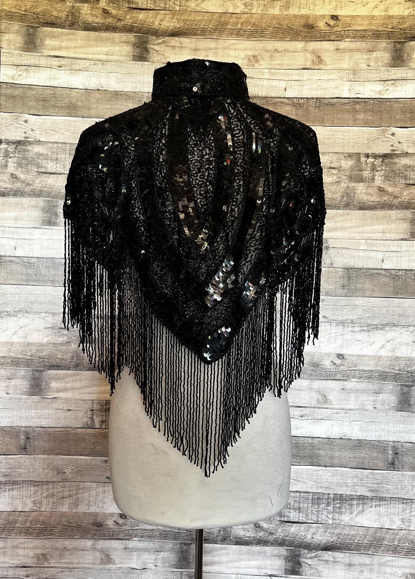 BLACK  Fringe Sequin Glass Beaded & Sequin Collar Shoulder Shrug Shawl Applique Wrap Western Rodeo