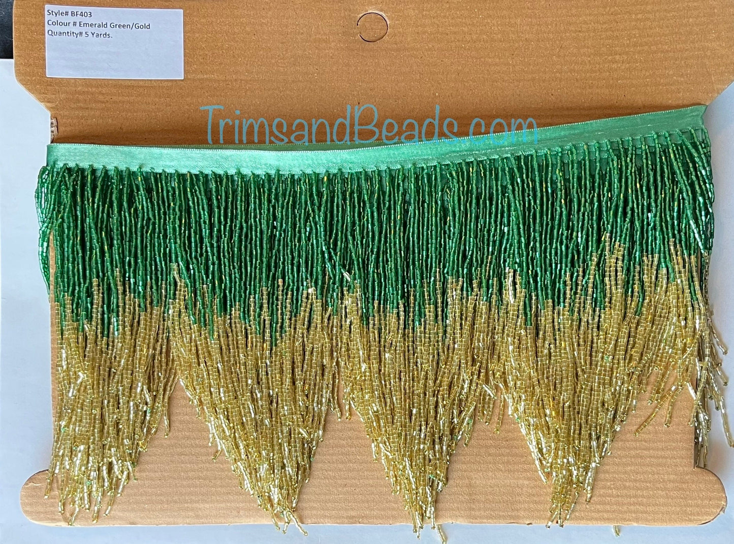 5 Yard Bolt- 6.5" Emerald Green/Gold Sparkling Ombre Ombré CHEVRON Glass BUGLE Bead Beaded Fringe Lamp Costume Trim Variegated