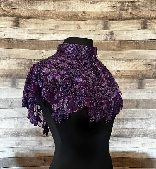 PURPLE Sequin Glass Beaded & Sequin FULL Wrap Lace Collar Shoulder Shrug Shawl Applique