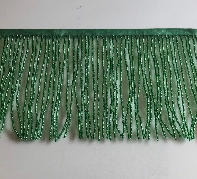 By the Yard 6.5" EMERALD GREEN Glass SEED Bead Beaded Fringe Lamp Costume Trim