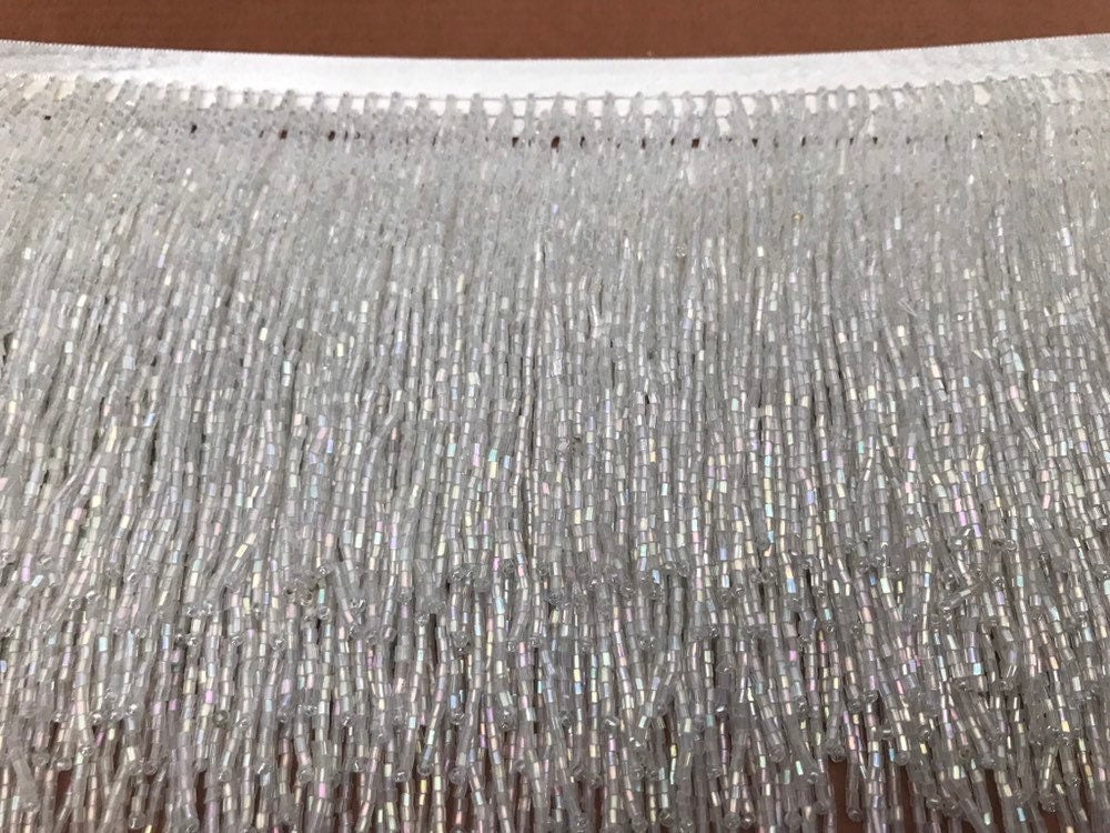 4" IRIDESCENT White Crystal AB Glass BUGLE Bead Beaded Fringe Lamp Costume Trim