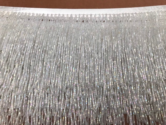 4" IRIDESCENT White Crystal AB Glass BUGLE Bead Beaded Fringe Lamp Costume Trim