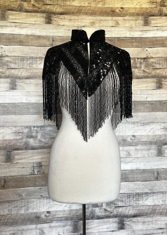 BLACK  Fringe Sequin Glass Beaded & Sequin Collar Shoulder Shrug Shawl Applique Wrap Western Rodeo