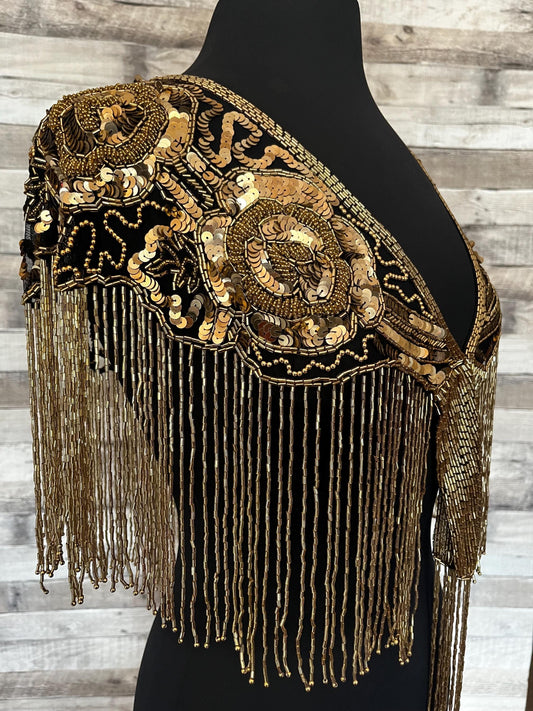 GOLD/BLACK Sequin Glass Rose Beaded & Sequin Lace Collar Shoulder Shrug Shawl Applique Wrap Rodeo Western