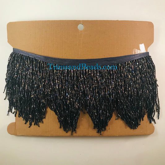 5 Yard Bolt- 6.5/6" Iridescent Black AB Sparkling CHEVRON Glass BUGLE Bead Beaded Fringe Lamp Costume Trim