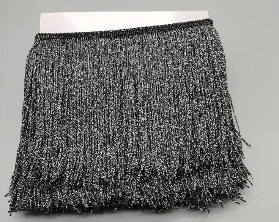 By the Yard-6" SILVER on BLACK Chainette Fabric Fringe Lampshade Lamp Costume Trim