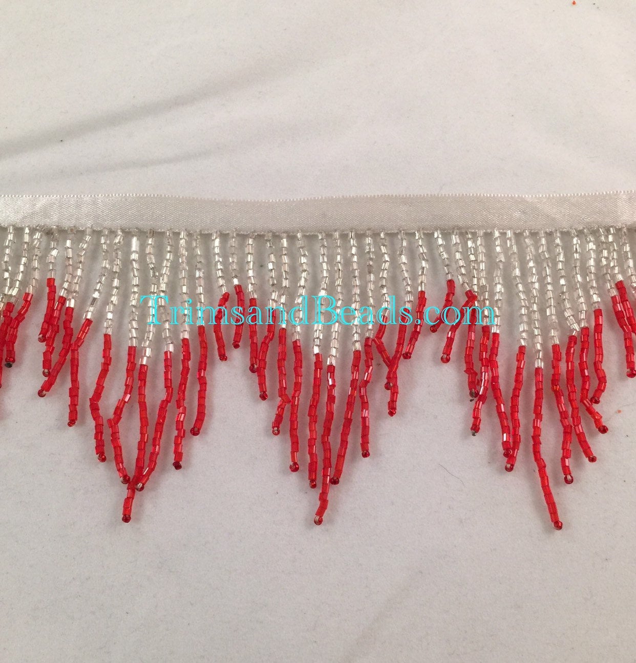 3" SILVER/RED Glass CHEVRON Bugle Bead Beaded Fringe Lamp Costume Trim Variegated
