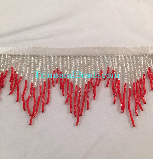 3" SILVER/RED Glass CHEVRON Bugle Bead Beaded Fringe Lamp Costume Trim Variegated