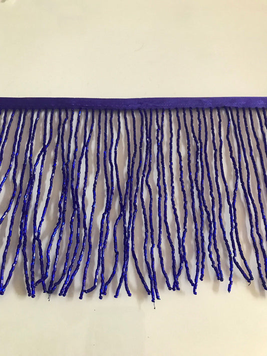 By the Yard-6" DARK ROYAL Blue Glass BUGLE Bead Beaded Fringe Lamp Costume Trim