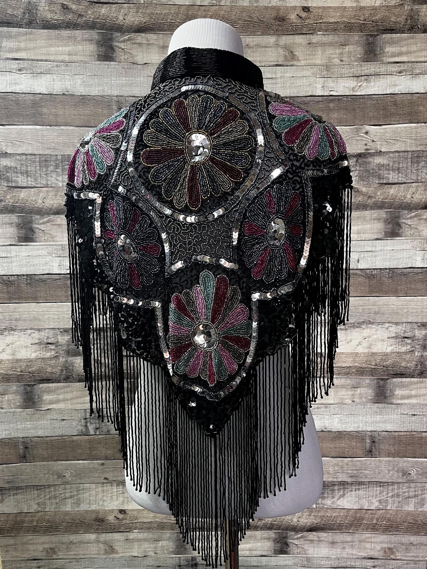MULTI Colored BLACK Beaded & Sequin Long Glass Fringe Collar Shoulder Shrug Shawl Applique Wrap Western Rodeo