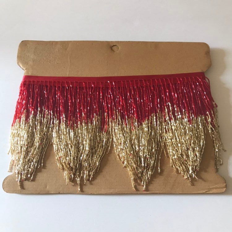 5 Yard Bolt 6.5" RED & GOLD Glass BUGLE Bead Beaded Fringe Chevron Lamp Costume Trim Variegated