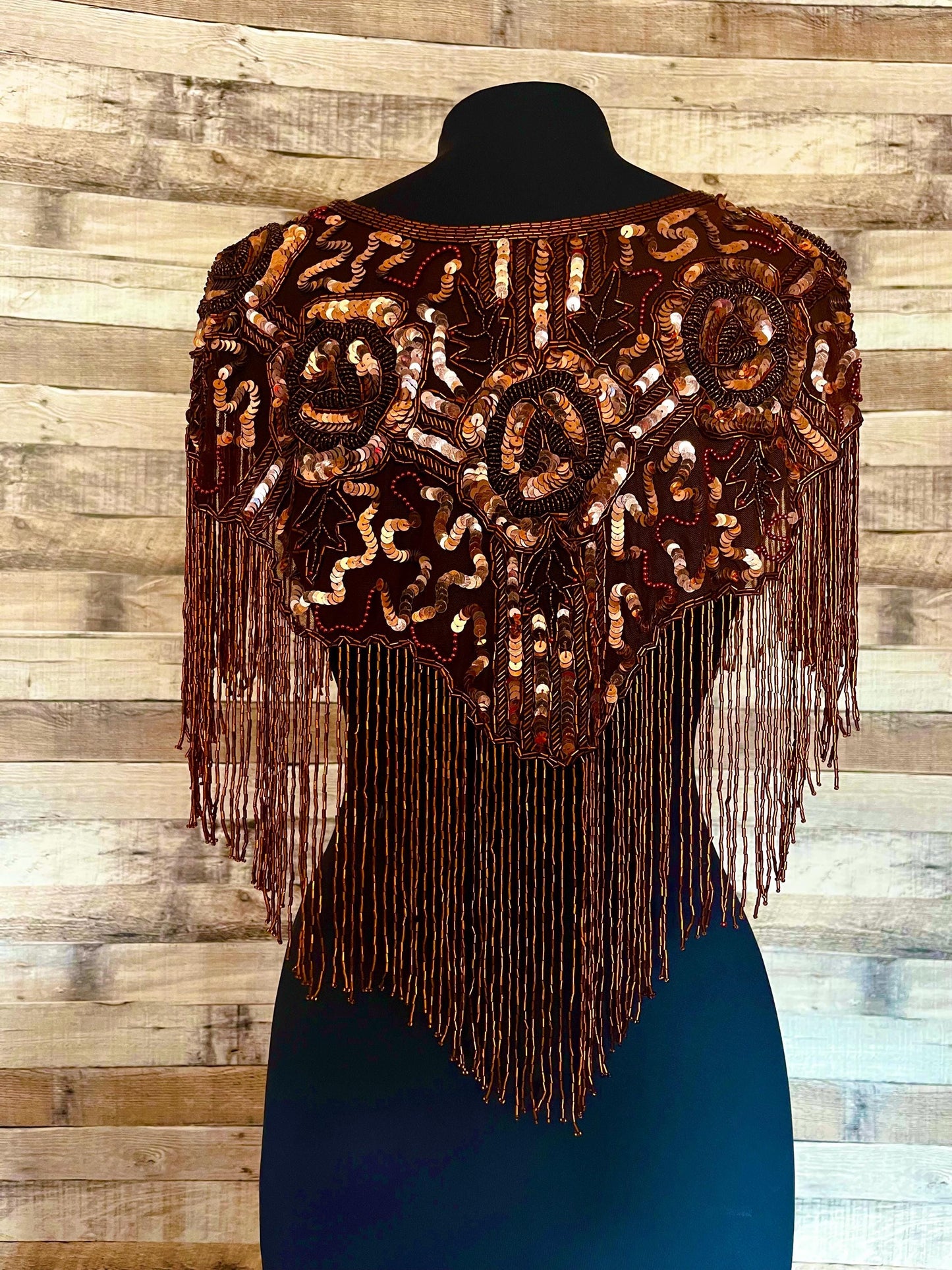 COPPER Sequin Glass Rose Beaded & Sequin Lace Collar Shoulder Shrug Shawl Applique Wrap Western Rodeo