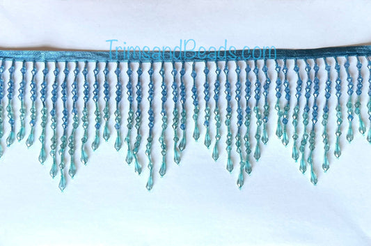 5" Blue/Teal Ombré ACRYLIC & Glass CHEVRON Bead Beaded Fringe Teardrop Ends Lamp Costume Trim
