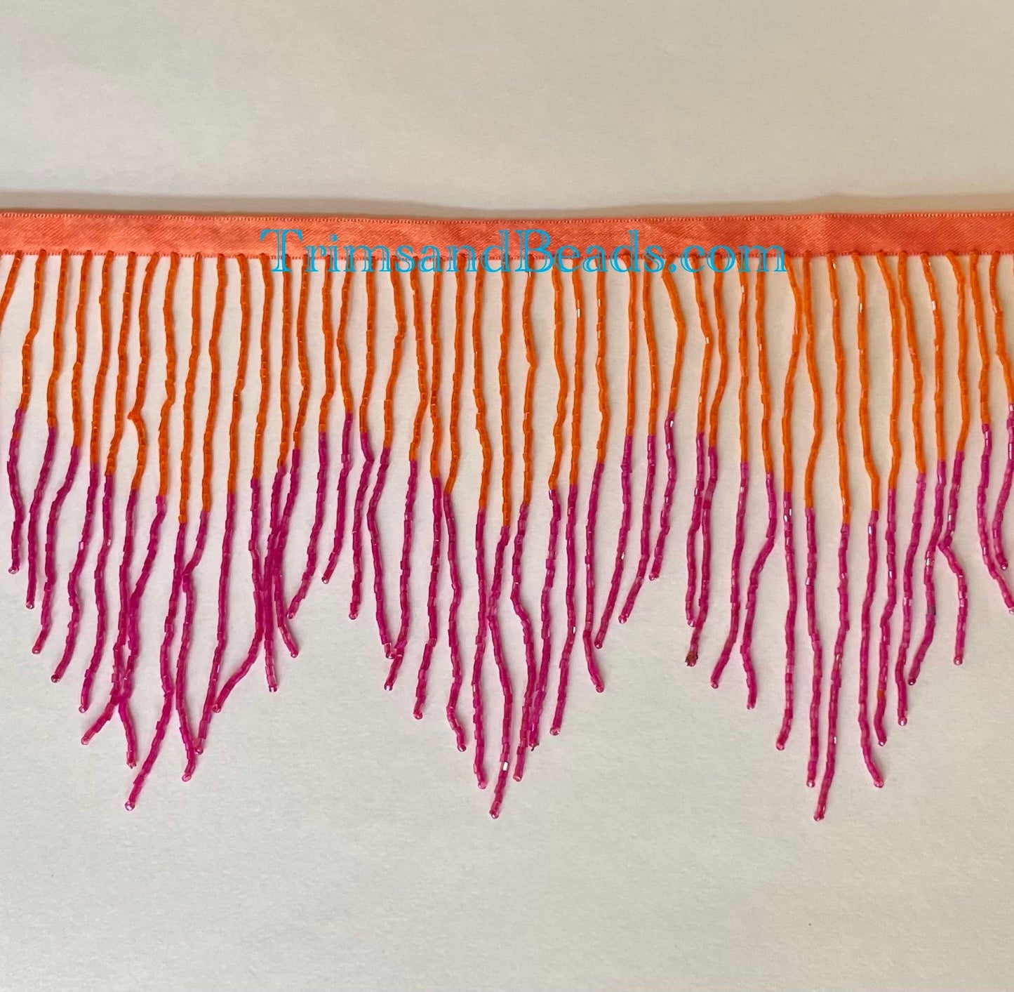 5 yard Bolt 6" Glass BUGLE Bead Orange/Fuchsia Pink AB Ombre Ombré CHEVRON Beaded Fringe Lamp Costume Trim Variegated