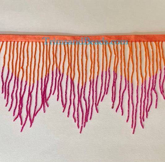 5 yard Bolt 6" Glass BUGLE Bead Orange/Fuchsia Pink AB Ombre Ombré CHEVRON Beaded Fringe Lamp Costume Trim Variegated
