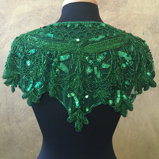 Sequin Glass Beaded & Sequin Wrap Lace Collar Shoulder Shrug Shawl Applique Green Vintage