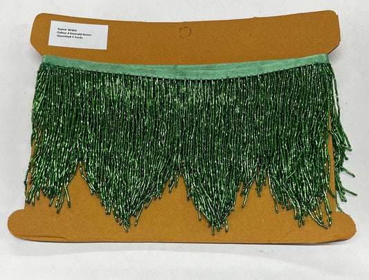 By the yard-6/6.5" Emerald GREEN Glass CHEVRON Beaded BUGLE BeadFringe Lamp Costume Trim Variegated