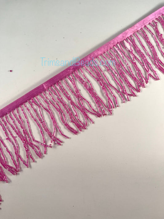 3” HOT PINK Glass BUGLE Bead Beaded Fringe Lamp Costume Trim