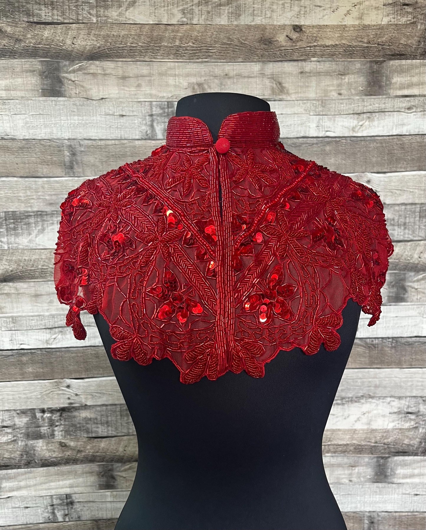 RED Sequin Glass Beaded & Sequin FULL Wrap Lace Collar Shoulder Shrug Shawl Applique