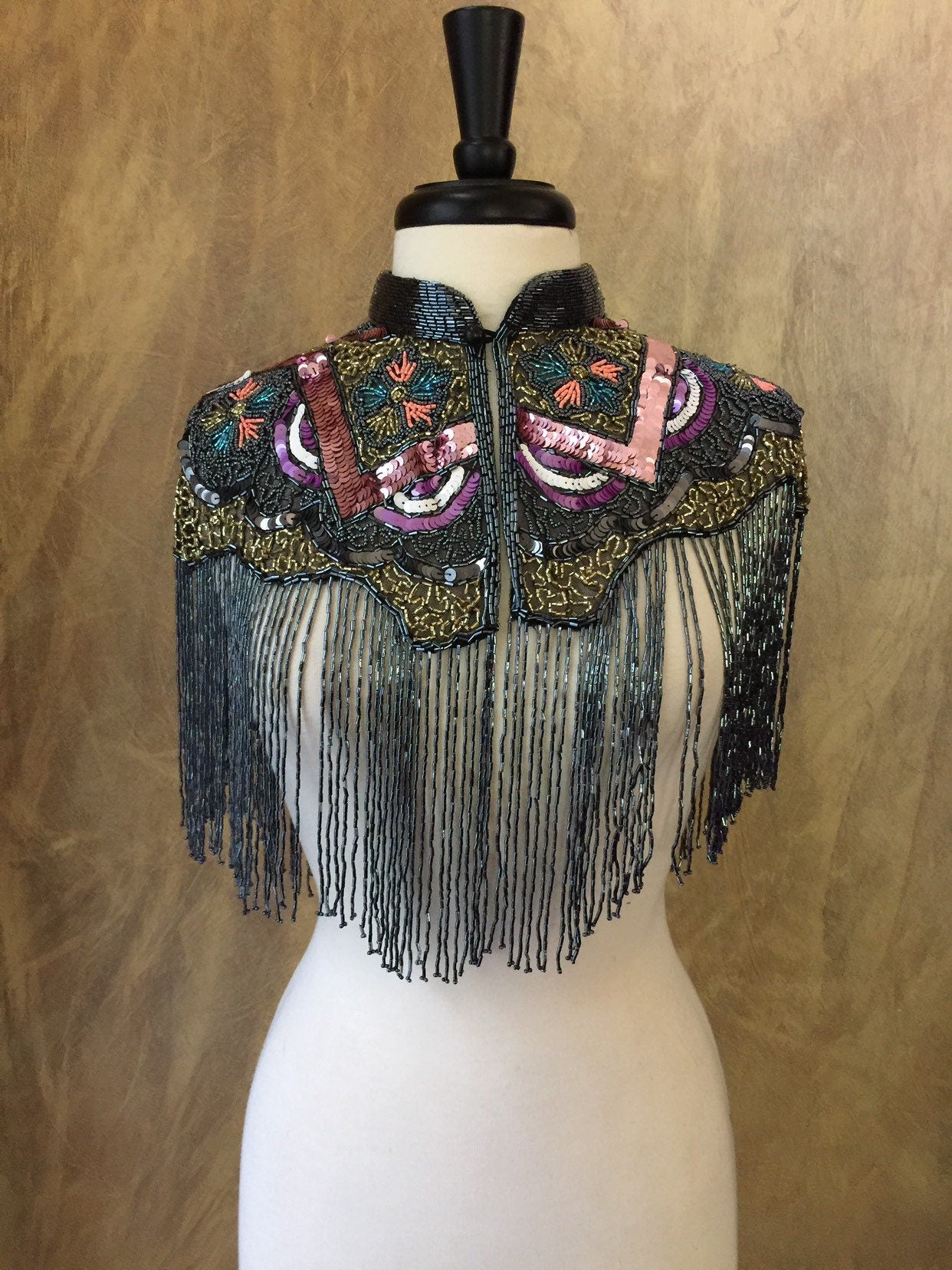 MULTI Beaded & Sequin Long Glass Fringe Collar Shoulder Shrug Shawl Applique Wrap Western Rodeo