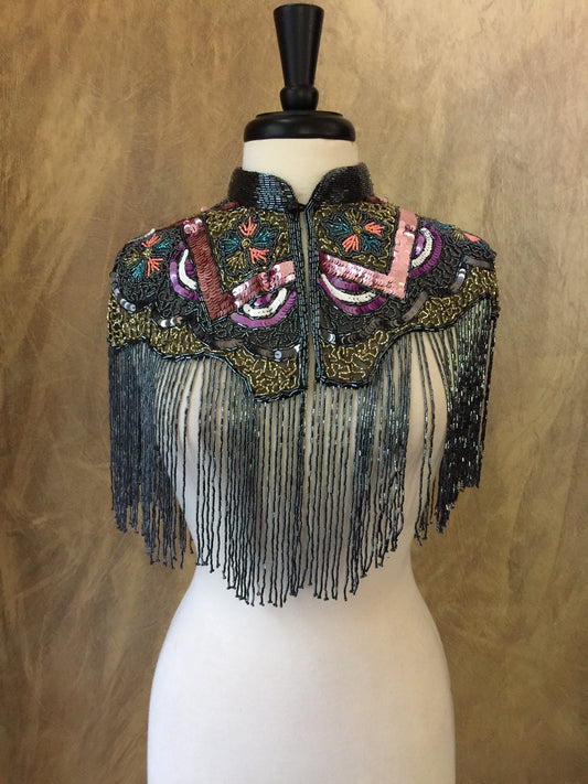 MULTI Beaded & Sequin Long Glass Fringe Collar Shoulder Shrug Shawl Applique Wrap Western Rodeo