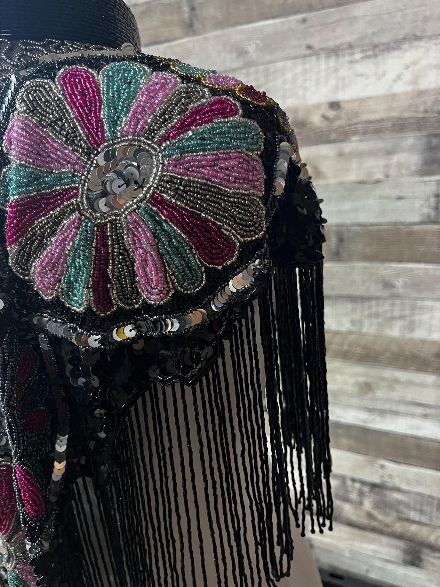 MULTI Colored BLACK Beaded & Sequin Long Glass Fringe Collar Shoulder Shrug Shawl Applique Wrap Western Rodeo