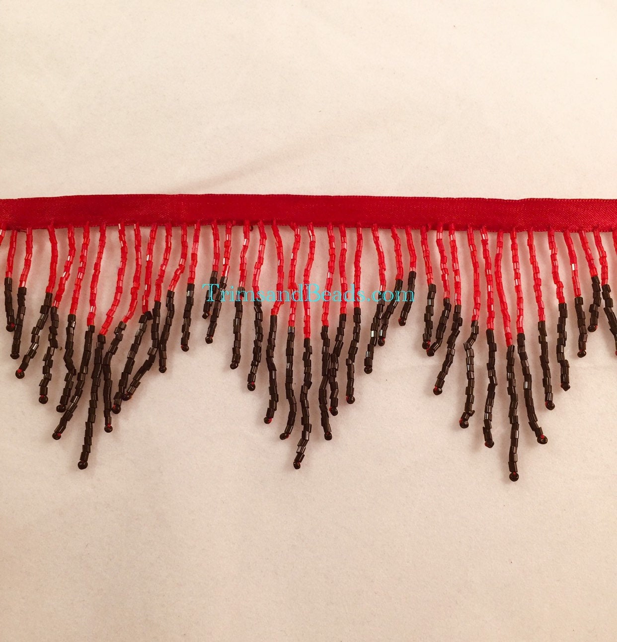 3" RED/BLACK Glass CHEVRON Bugle Bead Beaded Fringe Lamp Costume Trim Variegated