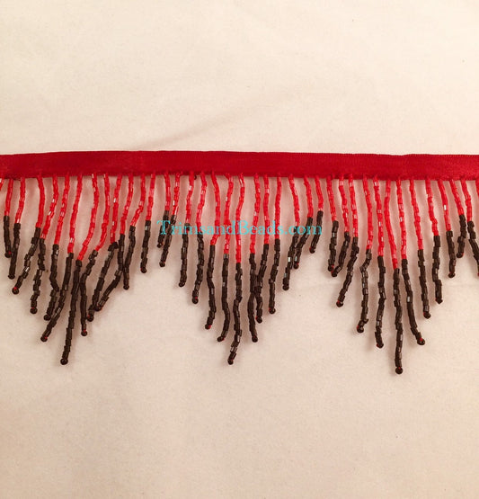 3" RED/BLACK Glass CHEVRON Bugle Bead Beaded Fringe Lamp Costume Trim Variegated
