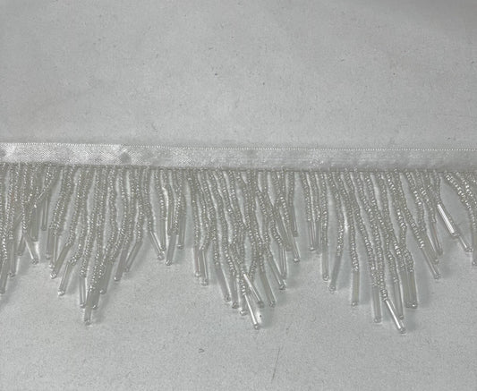 3" Iridescent White AB Glass SEED Bead CHEVRON with Tube Bugle Ends Beaded Fringe Trim