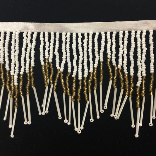 By the yard- 4.5" Gold & White Glass Seed Bead Beaded Fringe Chevron Lamp Costume Trim