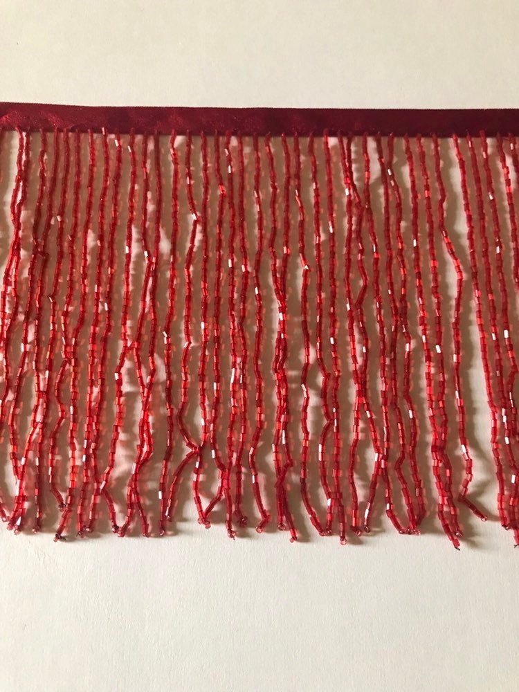 5 yard bolt- 6.5"/6" CRANBERRY BURGUNDY Glass BUGLE Bead Beaded Fringe Lamp Costume Trim
