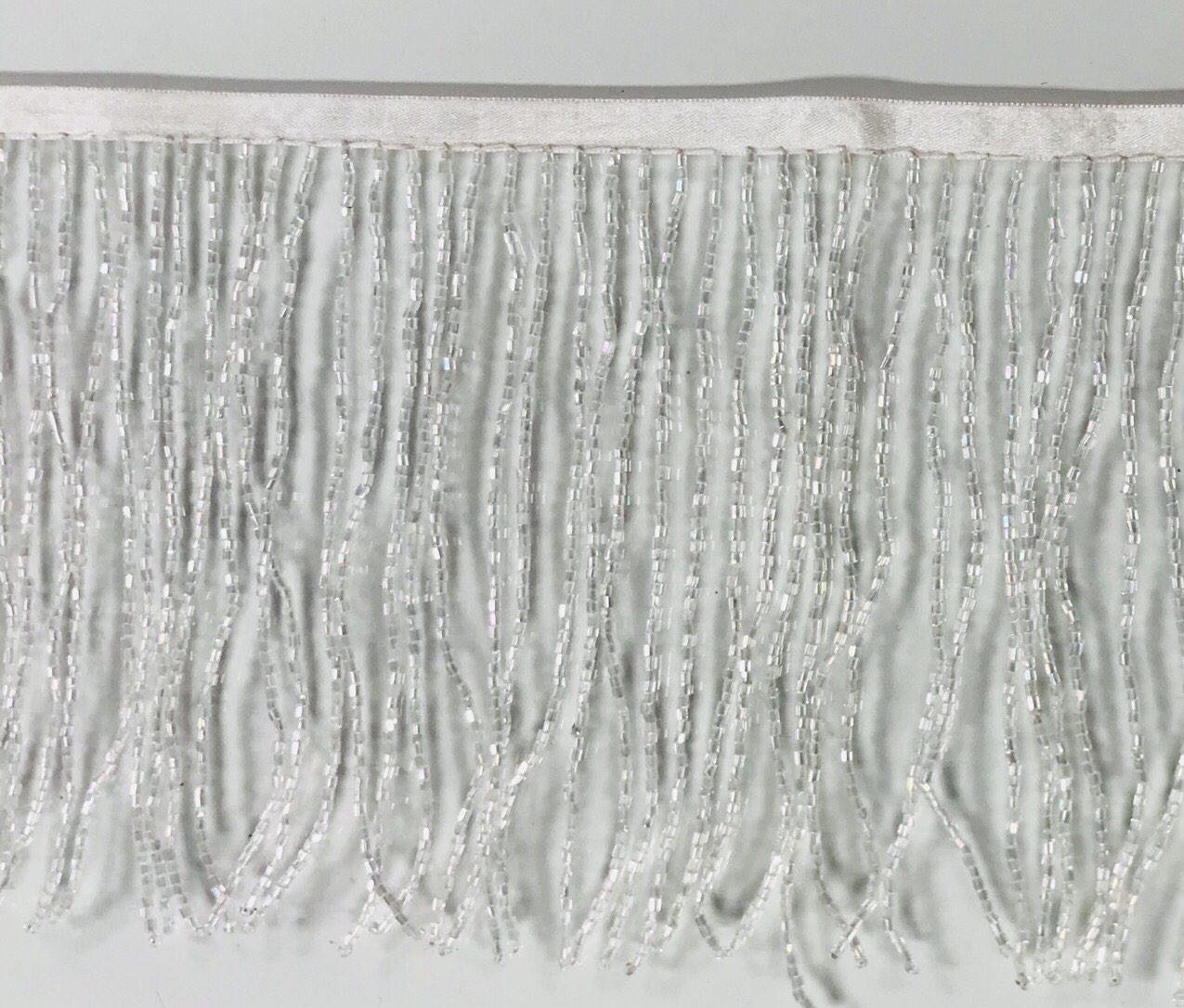 6" IRIDESCENT Clear White Crystal AB Glass BUGLE Bead Beaded Fringe Lamp Costume Trim