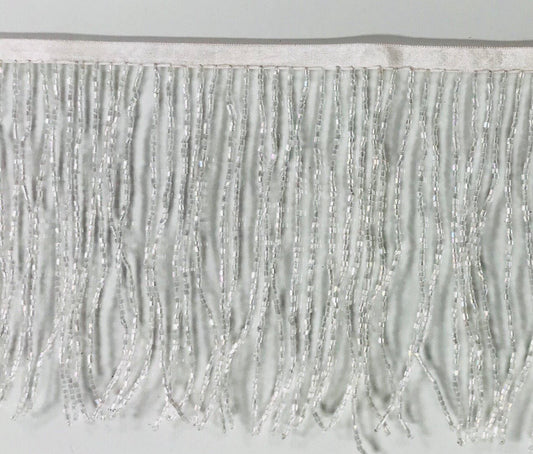 6" IRIDESCENT Clear White Crystal AB Glass BUGLE Bead Beaded Fringe Lamp Costume Trim