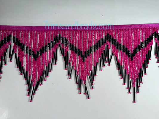 6/6.5" Hot Pink & Black Glass SEED Bugle Beaded Fringe CHEVRON  Lamp Costume Trim Variegated